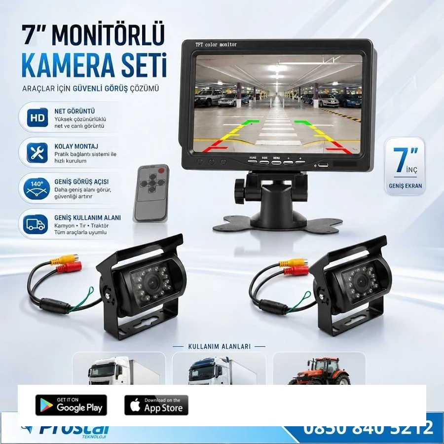 Kamyon Tır Traktör 2 Kameralı 7" Ekranlı Kamera Seti