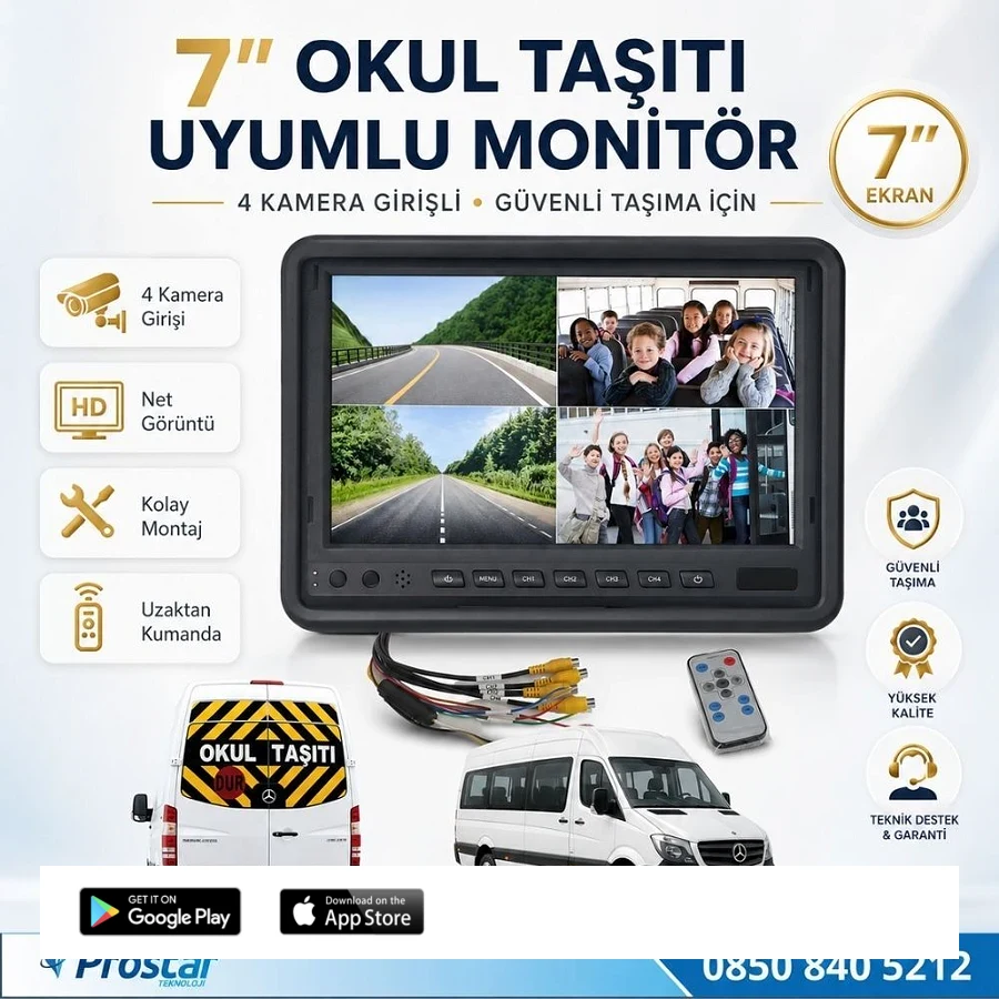 Okul ve Servis Taşıtları için Dörde Bölünebilen 7" Quad Monitör