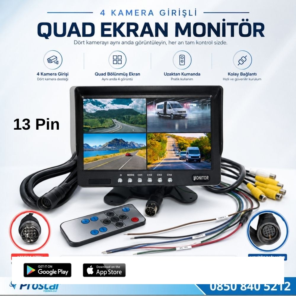 Orjinal 7" Dörde Bölünür Araç Monitörü 13 Pin Çıkışlı 4 Kamera Girişli Ekran