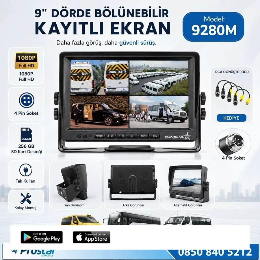 9 inç Kayıtlı Dörde Bölünür Monitör 256Gb Sd Destekli 4 Kamera Takılabilir 4 Pin Soketli