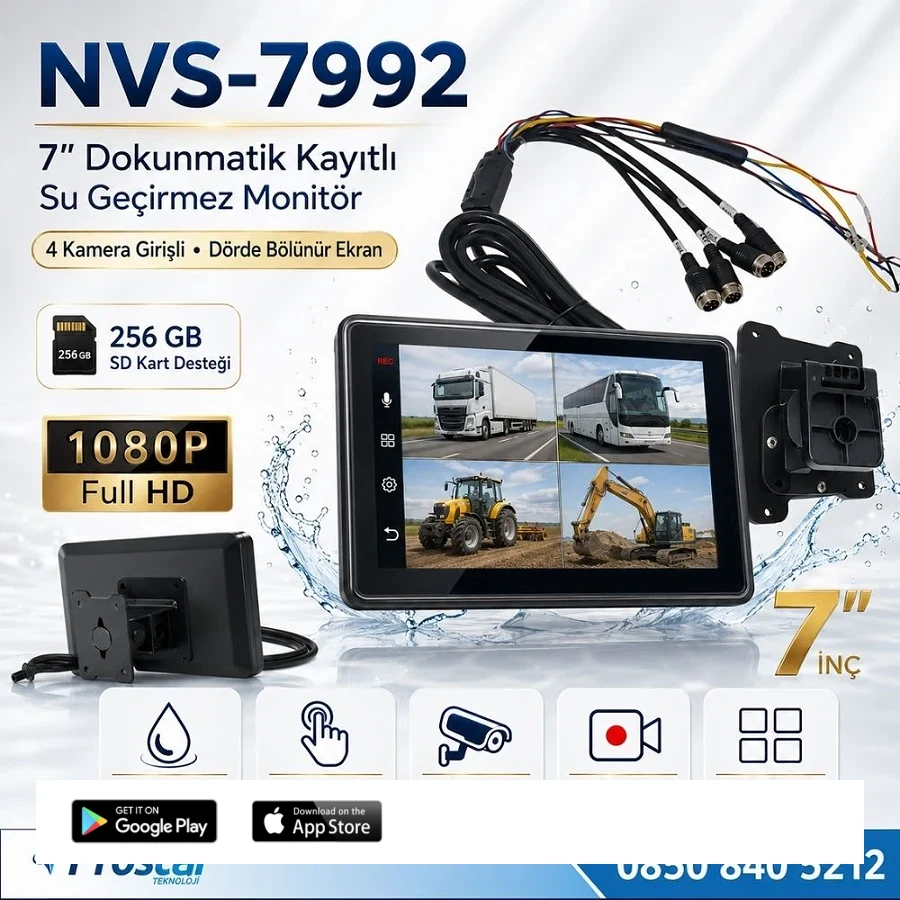 7" Su Geçirmez Dokunmatik Kayıtlı 4 Kamera Girişli 256 GB SD Destekli Monitör
