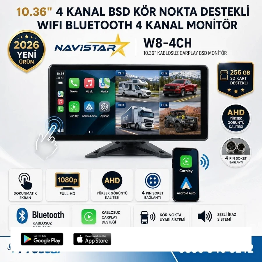 10.36 inç Dokunmatik Monitör Kablosuz Carplay Wifi Bluetooth FM Transmitter 256 GB Destekli Tak Kullan