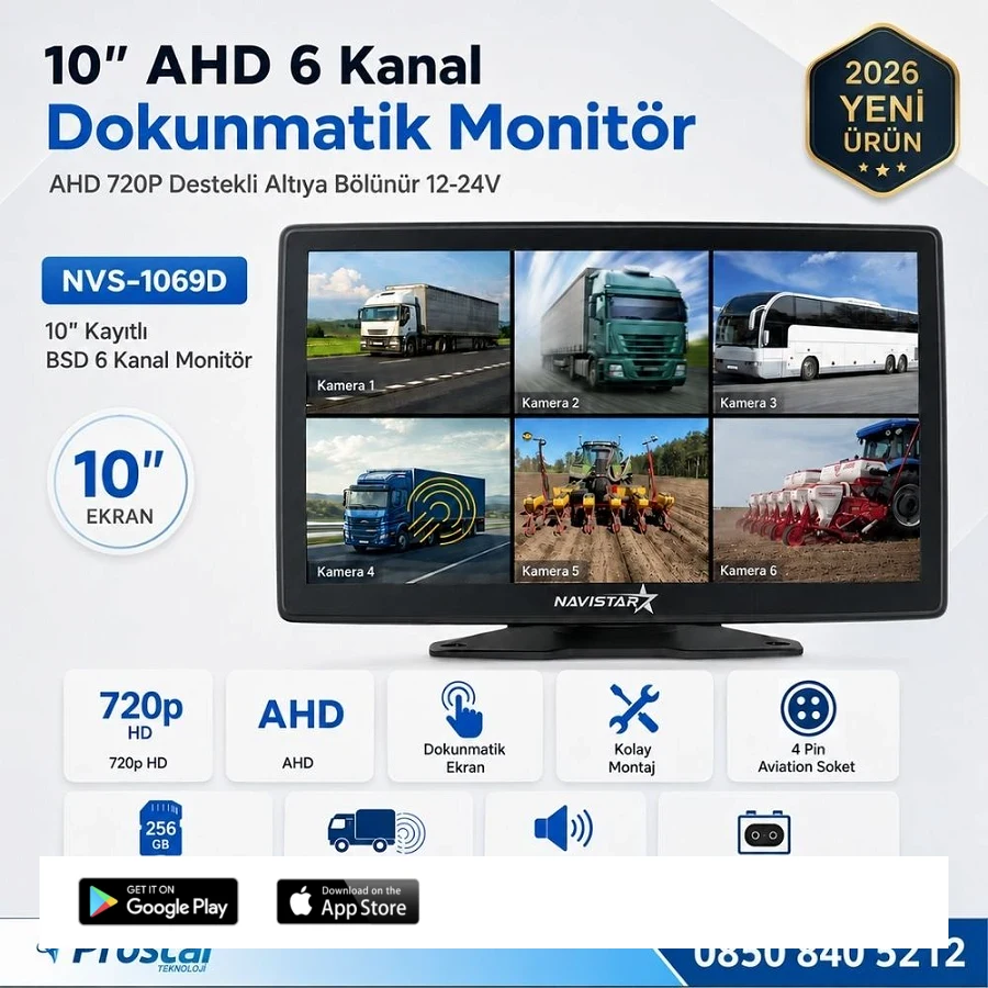 10 inç 6 Kanal Dokunmatik AHD 720P Kayıtlı Araç Monitörü 12-24V