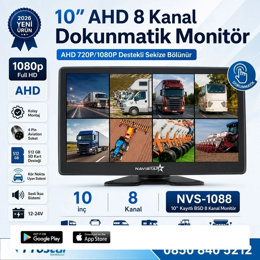 10 inç 8 Kanal Dokunmatik AHD 1080P/720P Kayıtlı Araç Monitörü 12-24V