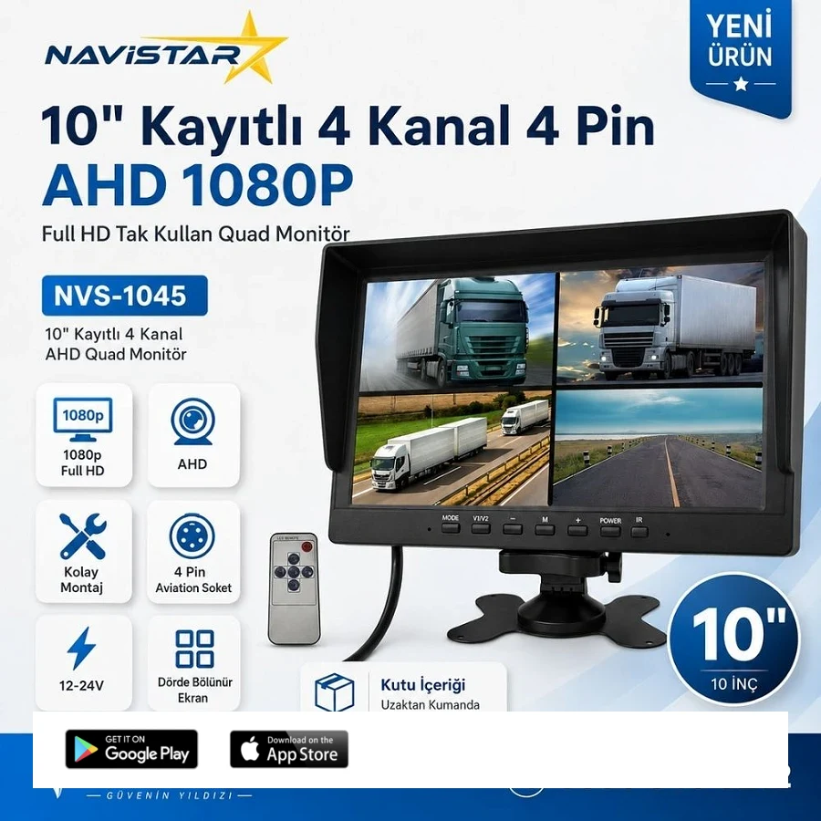 Kayıtlı 10 inç 4 Kanal Full HD Tak Kullan Quad AHD Analog Uyumlu Araç Monitörü 12-24V