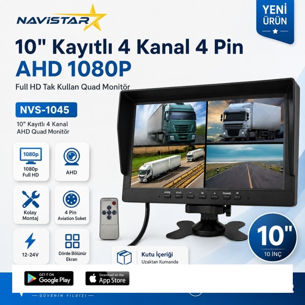 Kayıtlı 10 inç 4 Kanal Full HD Tak Kullan Quad AHD Analog Uyumlu Araç Monitörü 12-24V