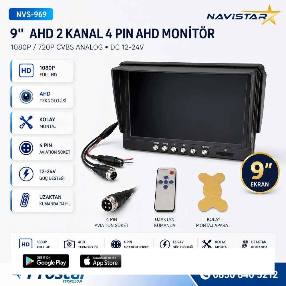 9 inç AHD 2 Kanal Full HD Araç Monitörü AHD 1080P/720P + CVBS Analog Uyumlu 12-24V