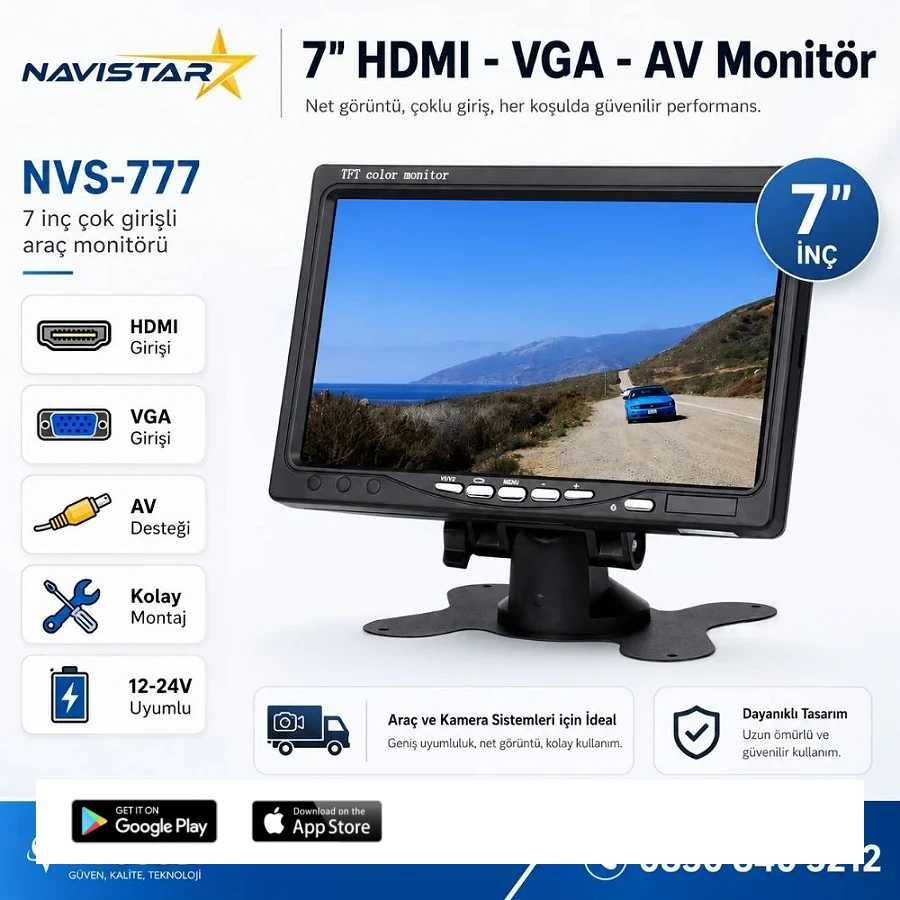 7 inç HDMI / VGA / AV Çok Amaçlı Araç ve Taşıt Monitörü Üç Giriş, Her Cihaza Uyumlu 12-24V