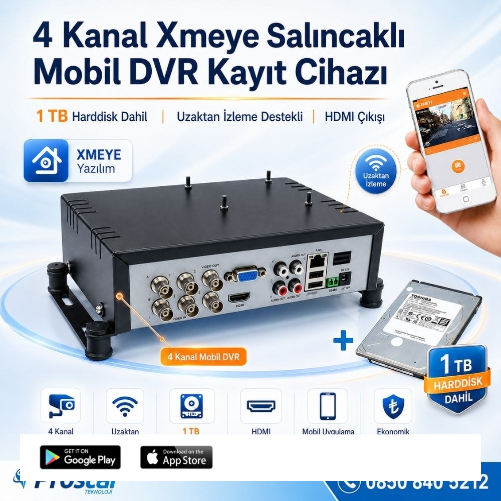 4 Kanal Mobil Dvr Kayıt Cihazı 1 TB Harddisk Dahil Uzaktan İzleme Destekli Hdmi girişli