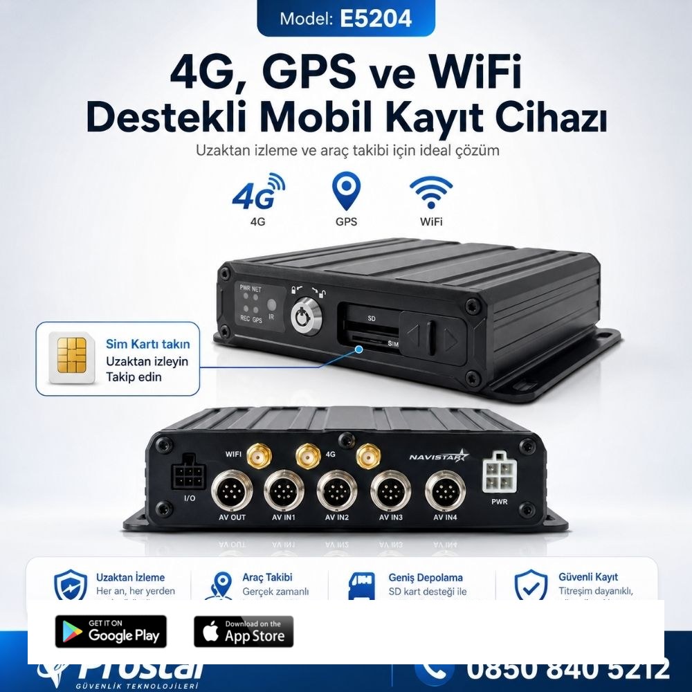 SD Kartlı Uzaktan izlemeli 4 Kanal 1080P GPS 4G WIFI  E5204 Profesyonel Mobil DVR Kayıt Cihazı