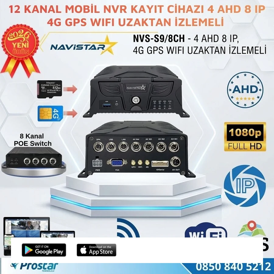12 Kanal Profesyonel Mobil NVR/DVR Filo Güvenlik ve Takip Sistemi (4 AHD + 8 IP, 4G, GPS, WiFi, Endüstriyel Kara Kutu)