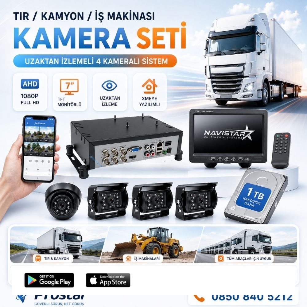 Tır Kamyon İş Makinası Için Uzaktan İzlemeli 4 Kameralı 1 Tb Harddisk Kamera Seti