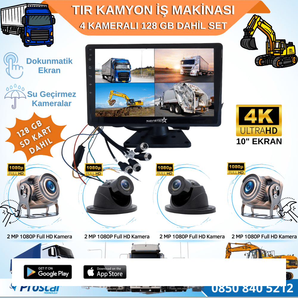 Tır Kamyon 4 Kameralı 10 Inç Dokunmatik Ekranlı 128 Gb Sd Kart Dahil Tak Kullan Kamera Seti