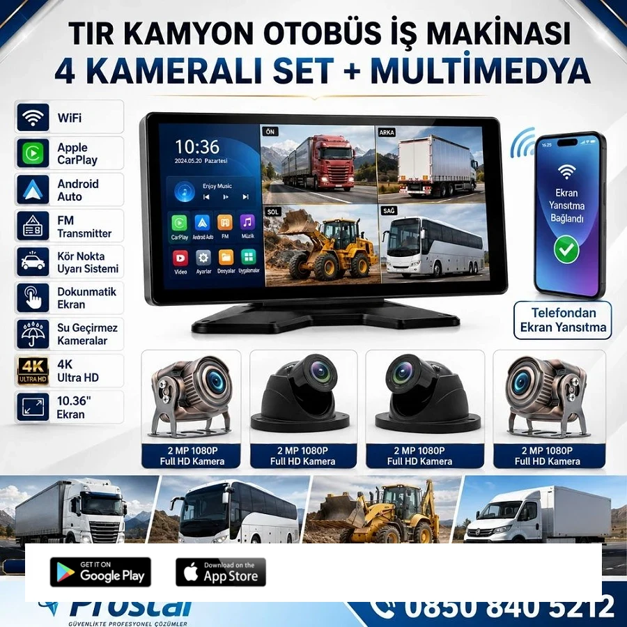 Tır Ve Kamyon 10.36" Dokunmatik Ekranlı 4 Kameralı Kayıtlı Video Müzik Telefon Ekran Yansıtma Özellikli Tak Kullan Kamera Seti