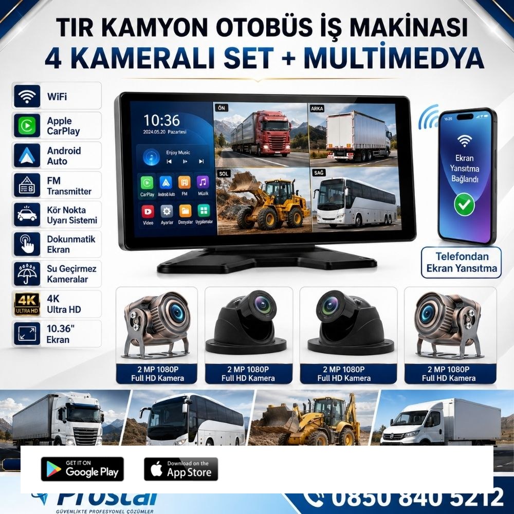 Tır Ve Kamyon 10.36" Dokunmatik Ekranlı 4 Kameralı Kayıtlı Video Müzik Telefon Ekran Yansıtma Özellikli Tak Kullan Kamera Seti