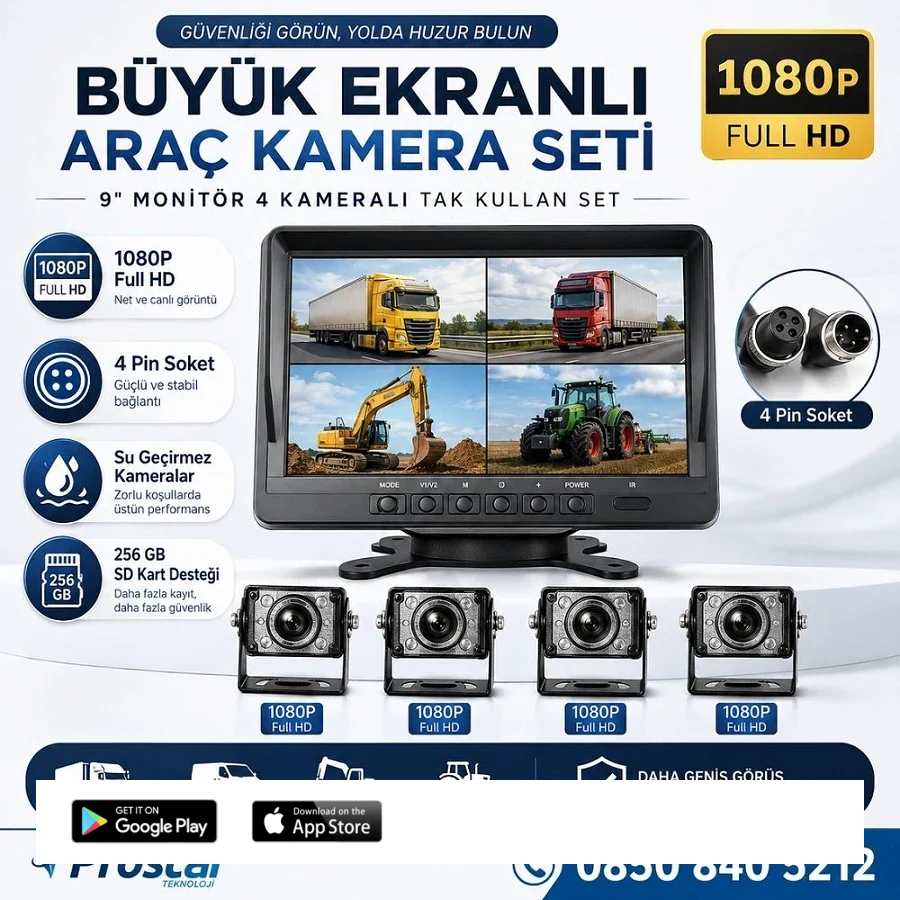 Kayıtlı 9" Monitörlü Ahd 1080P 4 Kameralı 256Gb Sd Destekli 4Pin Tak Kullan Kamera Seti