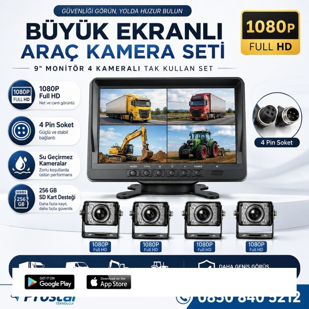 Kayıtlı 9" Monitörlü Ahd 1080P 4 Kameralı 256Gb Sd Destekli 4Pin Tak Kullan Kamera Seti