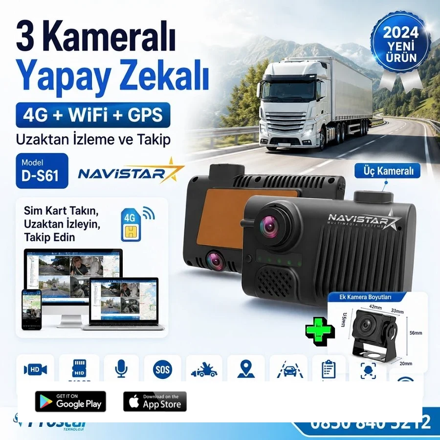 3 Kameralı 4G Uzaktan izlemeli GPS Wifi Yapay Zekalı Akıllı Dashcam Kamyon Tır Kamera Sistemi