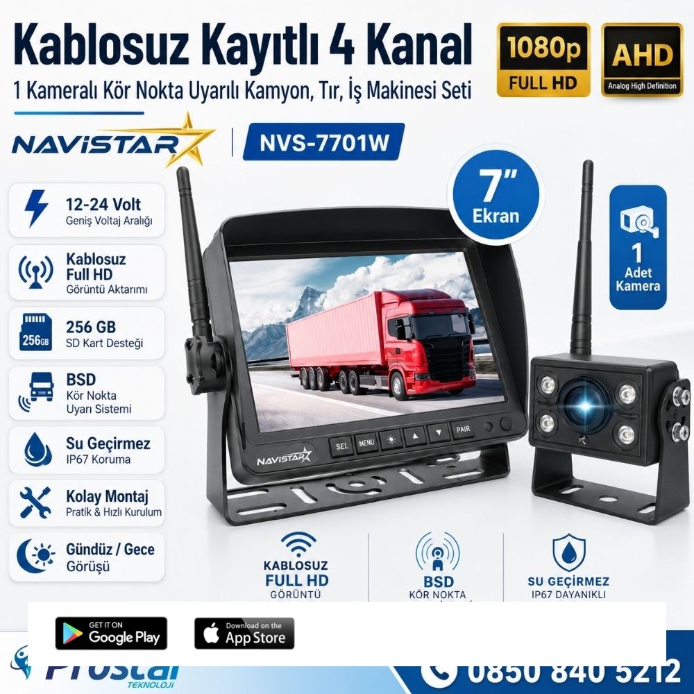 Kablosuz Kameralı 7 inç Kayıtlı Monitör Full HD BSD Kör Nokta Uyarı Sistemli Tak Kullan Kamera Seti