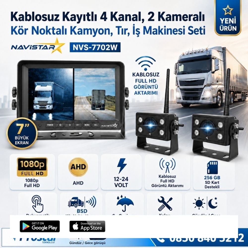 2 Kablosuz Kameralı 7 inç Kayıtlı Monitör Full HD BSD Kör Nokta Uyarı Sistemli Tak Kullan Kamera Seti