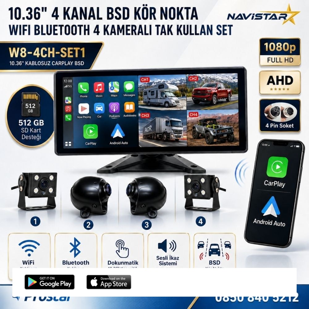 10.36 inç 4 Kameralı 1080P Kablosuz Carplay Wifi Bluetooth Fm Transmitter Tak Kullan Kamera Seti