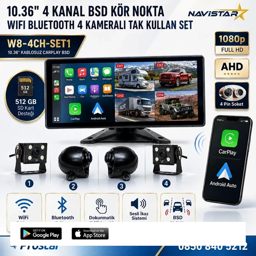 10.36 inç 4 Kameralı 1080P Kablosuz Carplay Wifi Bluetooth Fm Transmitter Tak Kullan Kamera Seti