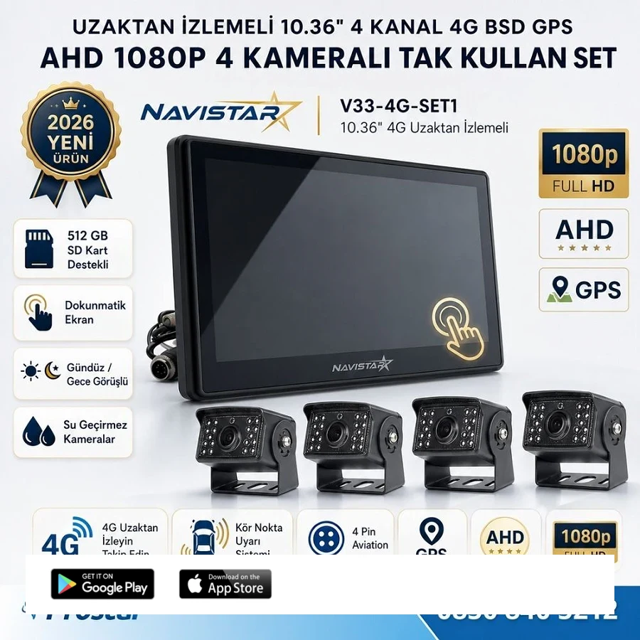 Uzaktan izlemeli 10.36 inç 4 Kanal 4G GPS BSD Kör Nokta Uyarı Sistemli Profesyonel Araç Kamera Seti