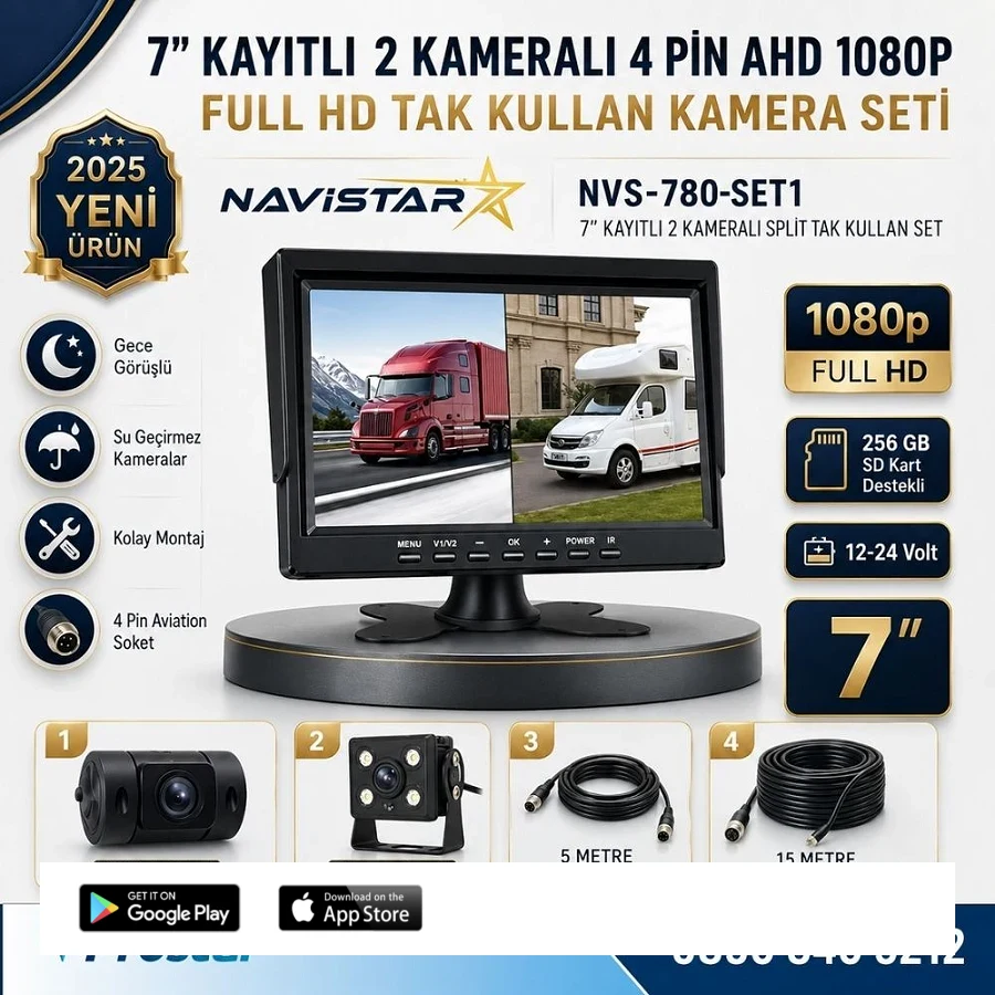7 inç Kayıtlı 2 Kameralı 1080P Full HD Araç Güvenlik ve Geri Görüş Seti (12-24V)