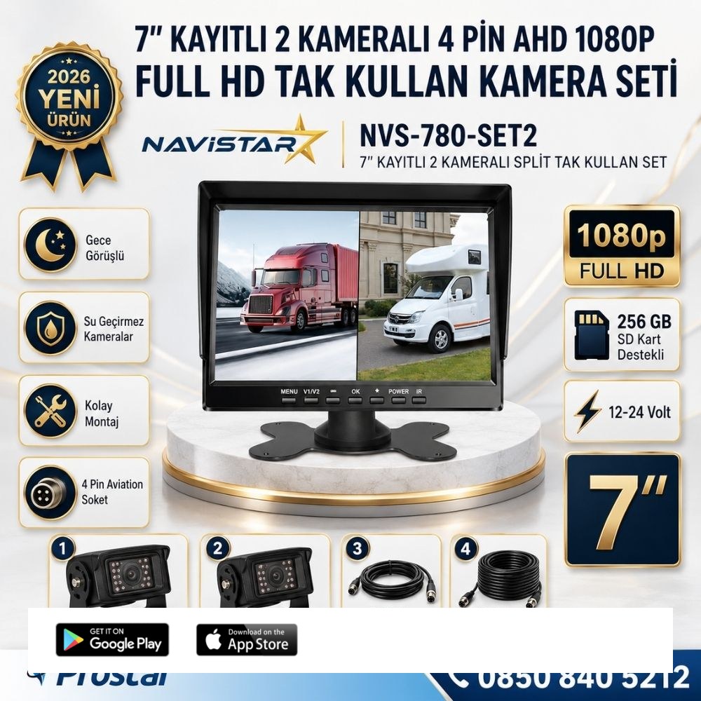 7 inç 2 Kameralı Kayıtlı 1080P Full HD Araç Güvenlik ve Geri Görüş Seti (12-24V)