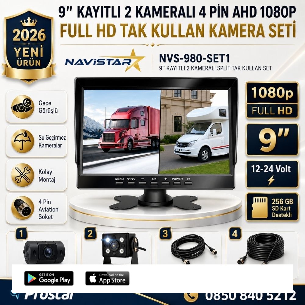 9 inç Geniş Ekran Kayıtlı 1080P Full HD 2 Kameralı Araç Güvenlik ve Geri Görüş Seti (12-24V)