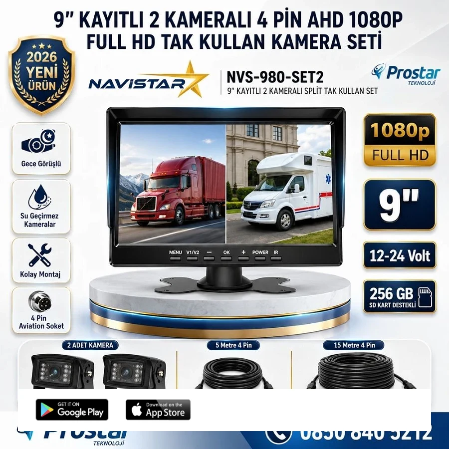 9 inç Kayıtlı Geniş Ekran 2 Kameralı 1080P Full HD Araç Güvenlik ve Geri Görüş Seti (12-24V)