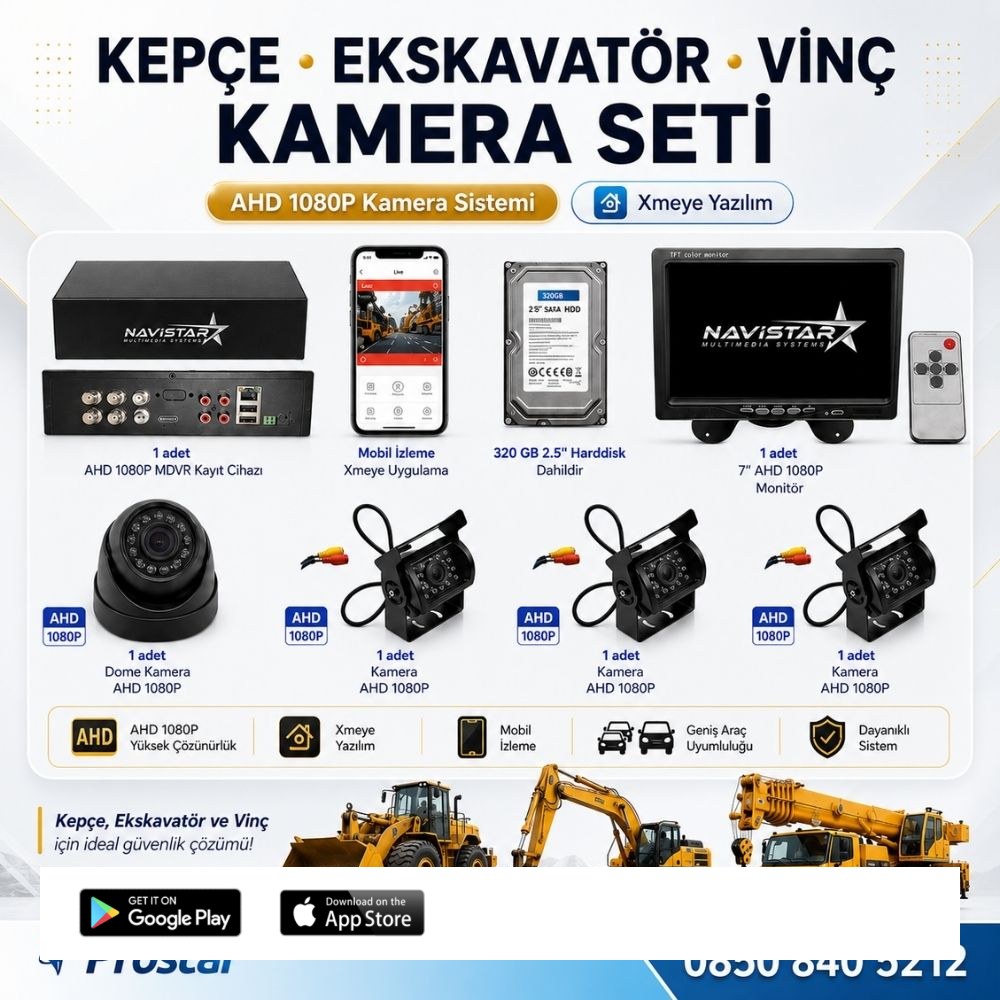 Ekskavatör Dozer Greyder Vinç Kepçe Uzaktan İzlemeli 4 Kameralı 320 Gb Harddisk Kamera Seti