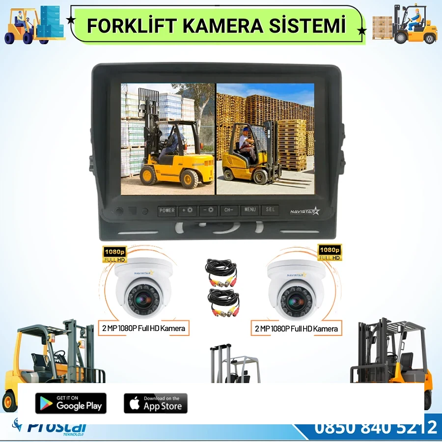Forklift Kamera Sistemi Reach Truck 2 Kameralı 7 Inç Monitörlü Kayıtlı Kamera Seti