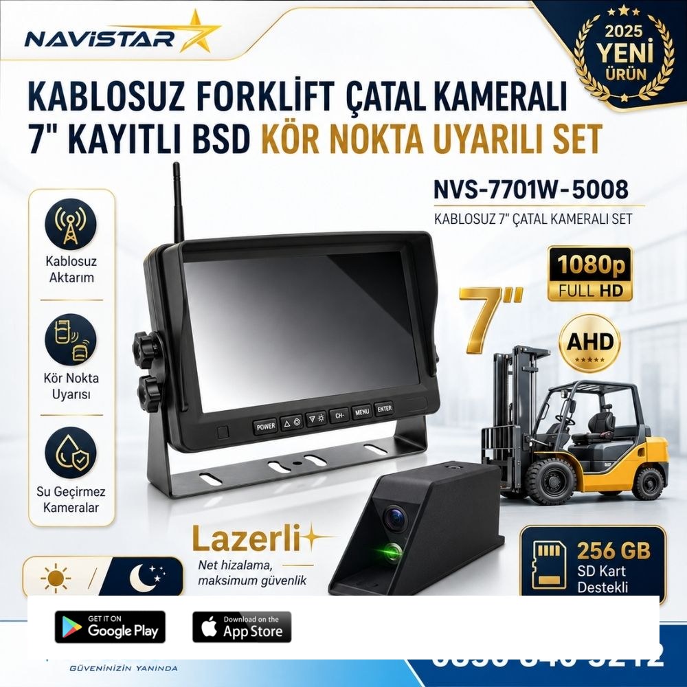 Kablosuz Lazerli Çatal Kameralı 7 inç Kayıtlı Forklift Kamera Sistemi Lazerli Kör Nokta Uyarılı 1080P Full HD Gece Görüşlü