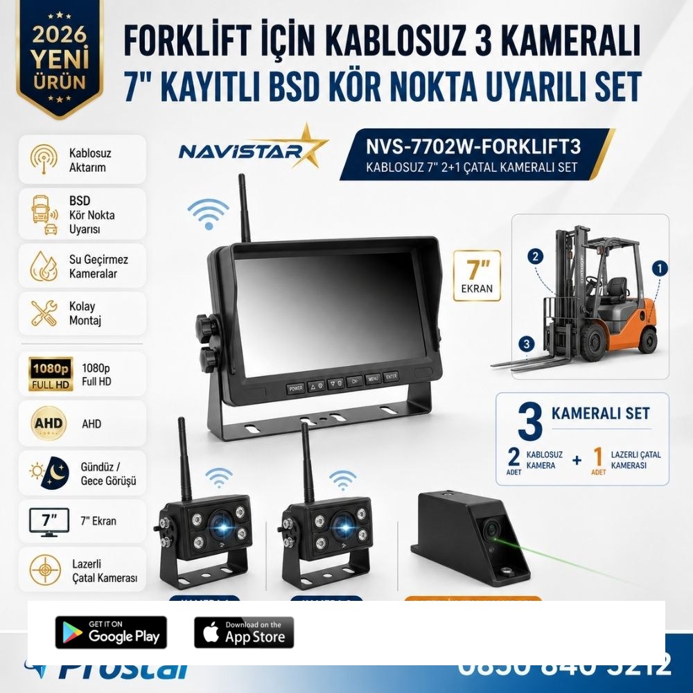 3 Kablosuz Kameralı Forklift Güvenlik Sistemi 7 inç AHD Ekran 2+1 Çatal Kamera Lazerli Kör Nokta Uyarılı 1080P Full HD Set