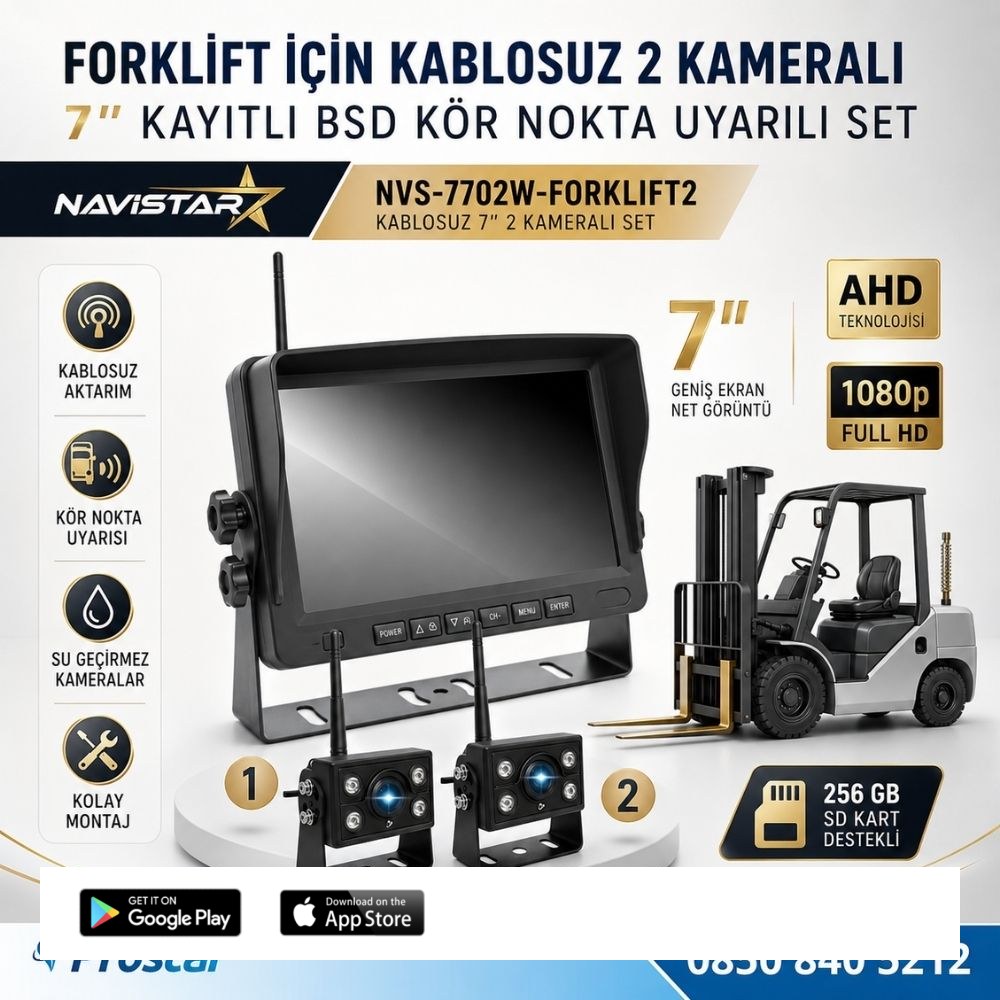 2 Kablosuz Kameralı Forklift Güvenlik Sistemi 7 inç AHD Ekran Kör Nokta Uyarılı 1080P Full HD Set