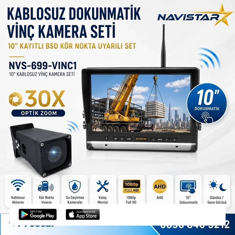 Kayıtlı 10" Dokunmatik Kablosuz Vinç Kamera Seti 30X Optik Zoom Full HD 1080p BSD Kör Nokta Uyarılı