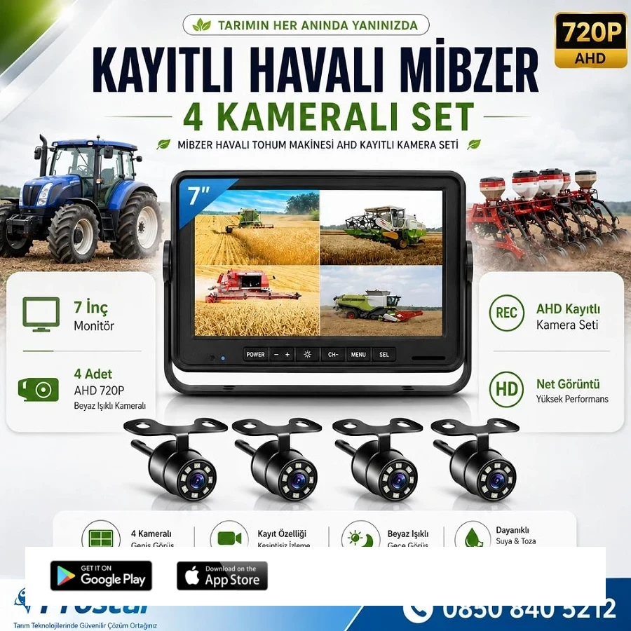 Kayıtlı Ahd Mibzer Havalı Tohum Makinesi 4 Kameralı 7 Inç Monitörlü 720P Araç Seti